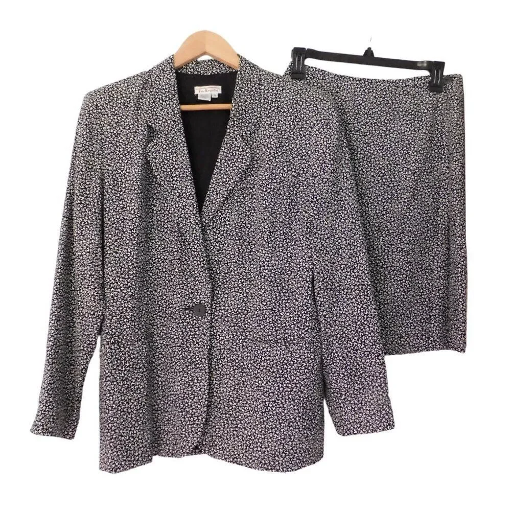 Vintage‎ Talbots Womens Skirt Suit Blazer 2 piece Black White Rayon Lined Size 8